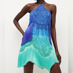 Fringed Beaded Embellished Mini Halter Dress - OMBRÉ
